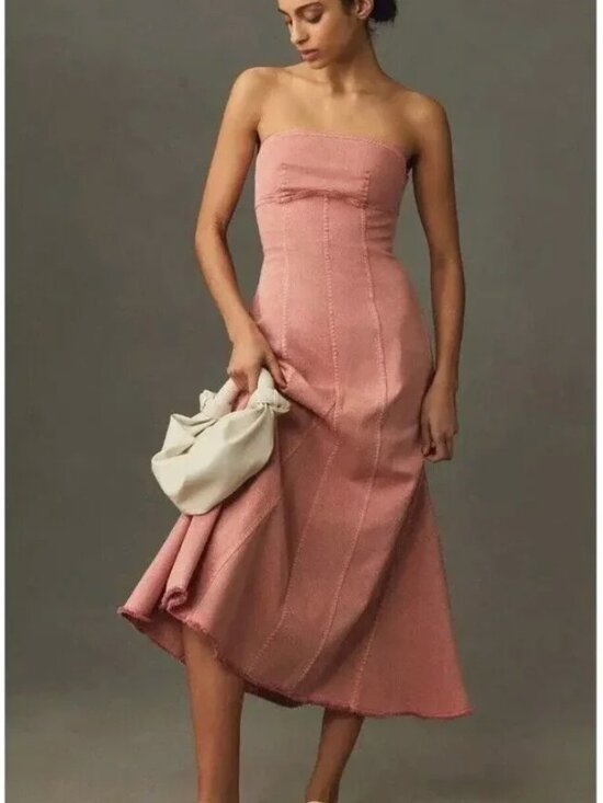 Anthropologie Dresses & Skirts - NWT Anthropologie Pilcro Strapless Drop-Waist Denim Midi Dress – Pink/Coral